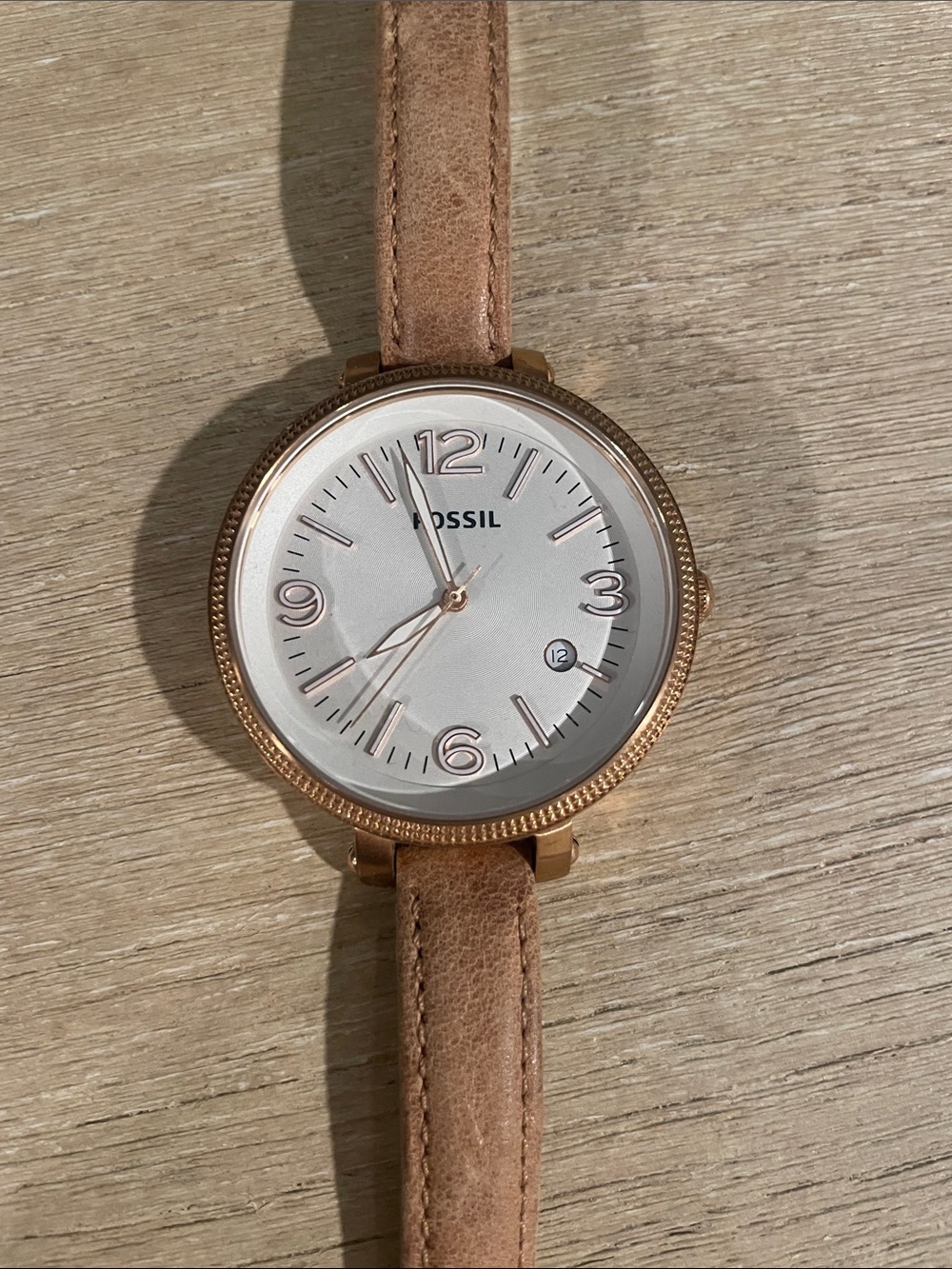 Fossil Rose Gold-Tone Case Silver Dial Watch with Tan Leather Strap
